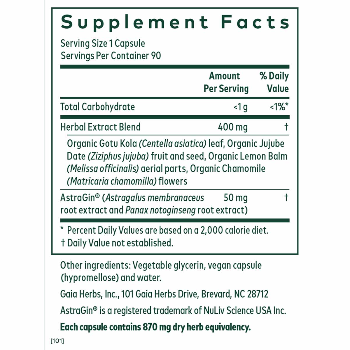 Supplement Facts label for EpiVital 90 Liquid Phyto Caps showing herbal extract blend ingredients and nutritional information