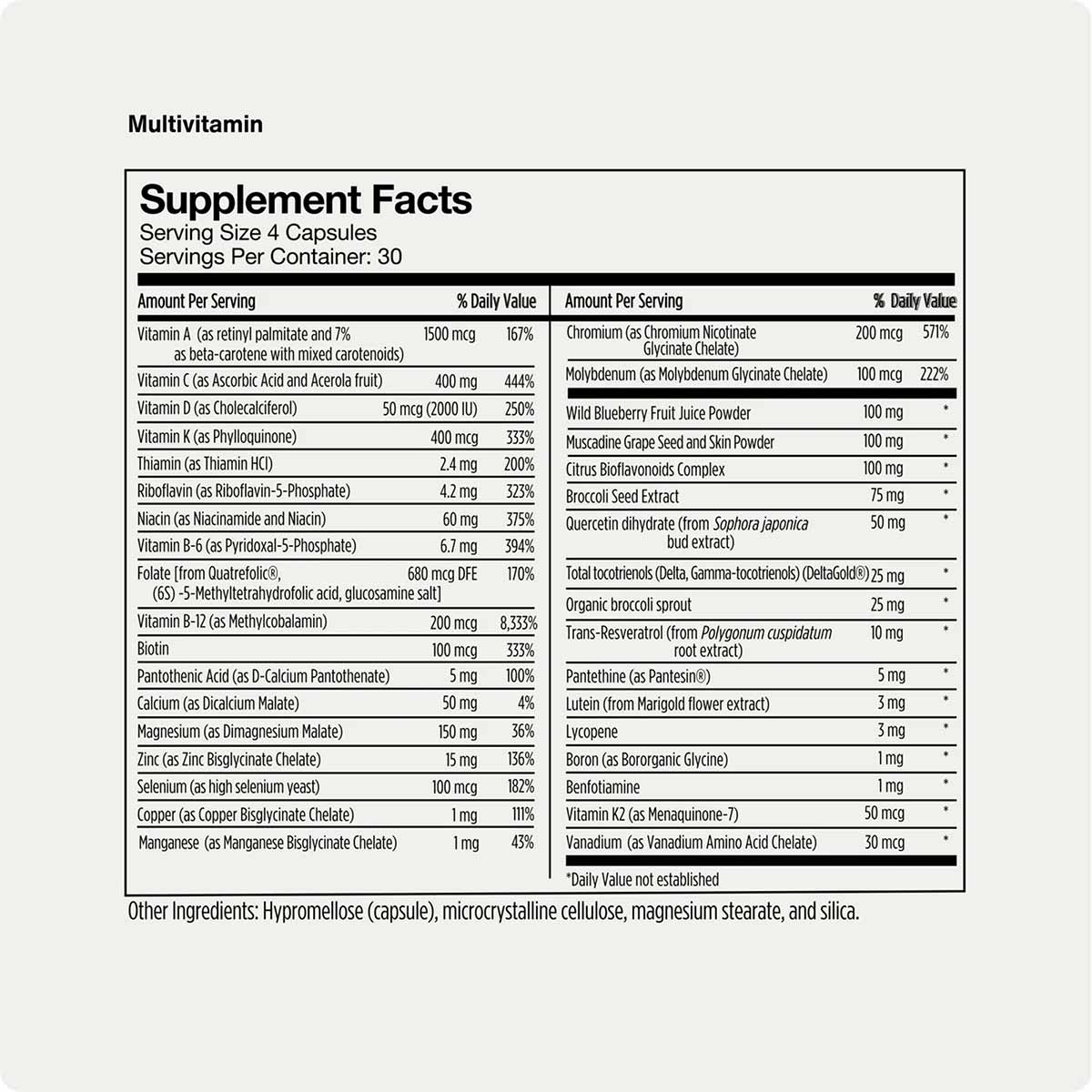 Supplement Facts label for Essential Multi multivitamin displaying serving size, nutrient amounts, and daily value percentage