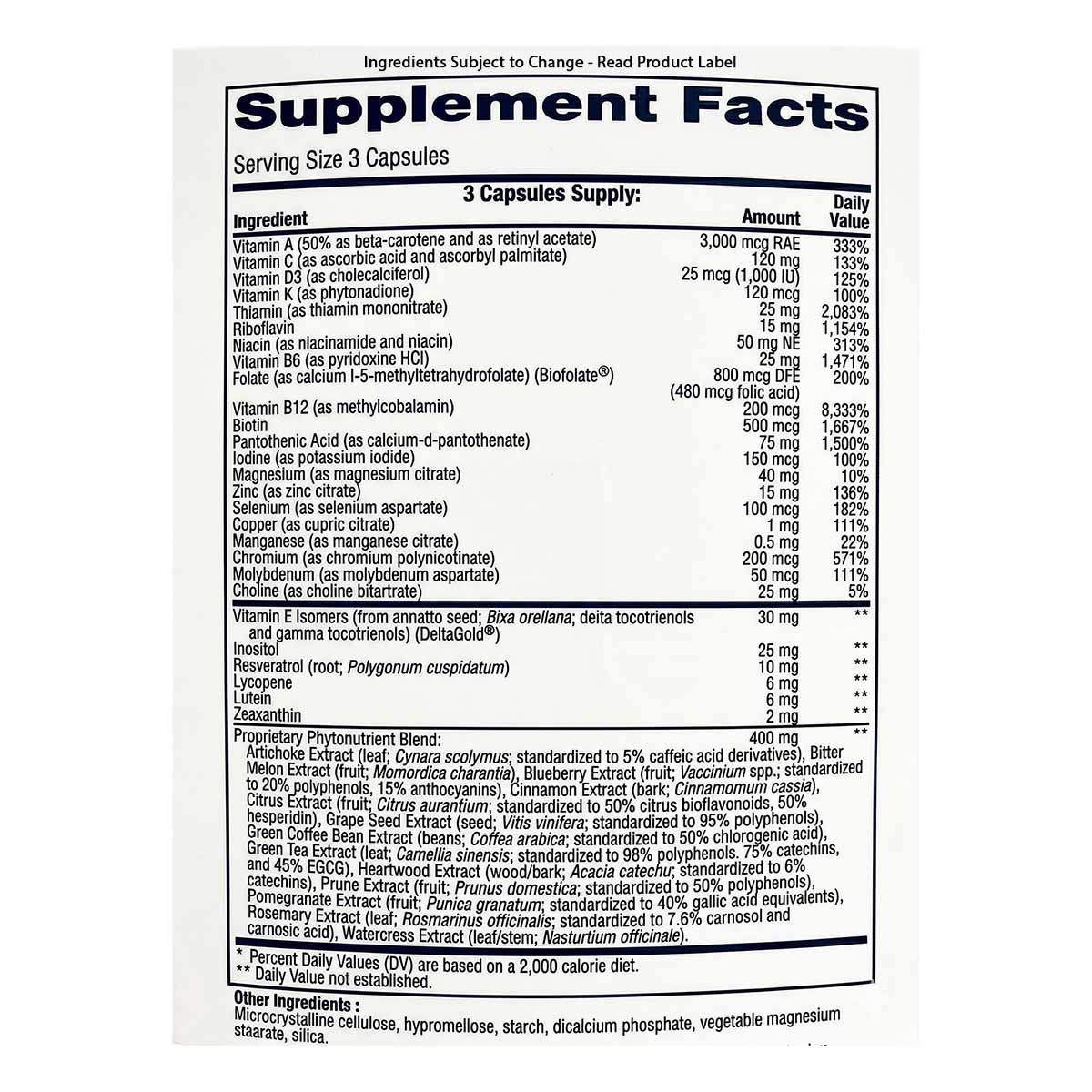 Supplement Facts label for Essential Multi by NutriDyn showing serving size of 3 capsules with vitamins, minerals, and propri