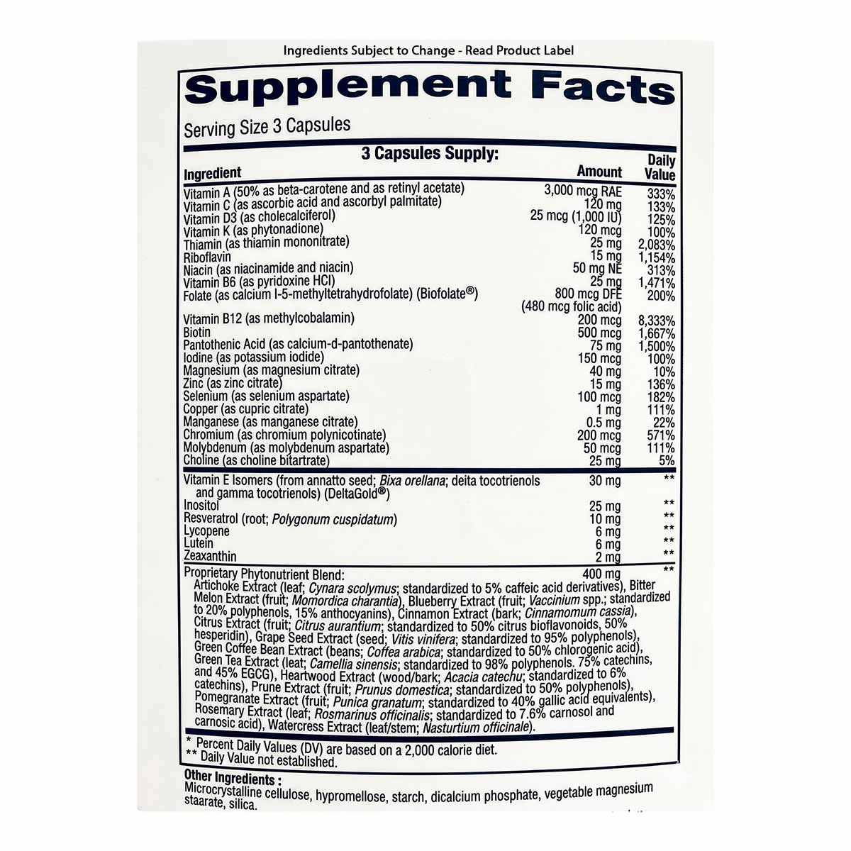 Supplement Facts label for Essential Multi showing serving size of 3 capsules with vitamins, minerals, and botanical ingredie