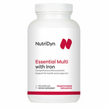 White bottle of NutriDyn Essential Multi with Iron dietary supplement containing 180 capsules.