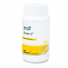 White bottle of Ester-C buffered vitamin C dietary supplement with yellow label, containing 100 capsules by SFI Health.