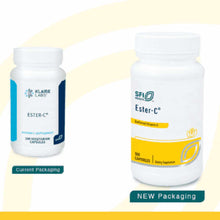 Two white plastic bottles of Ester-C vitamin C supplement capsules, showing current and new packaging designs.