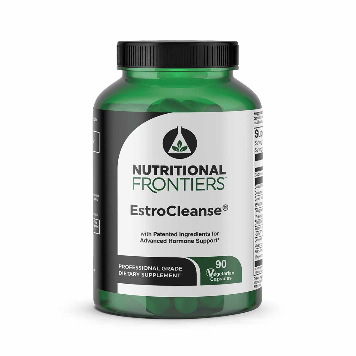 Green bottle of Nutritional Frontiers EstroCleanse dietary supplement containing 90 vegetarian capsules with black cap.