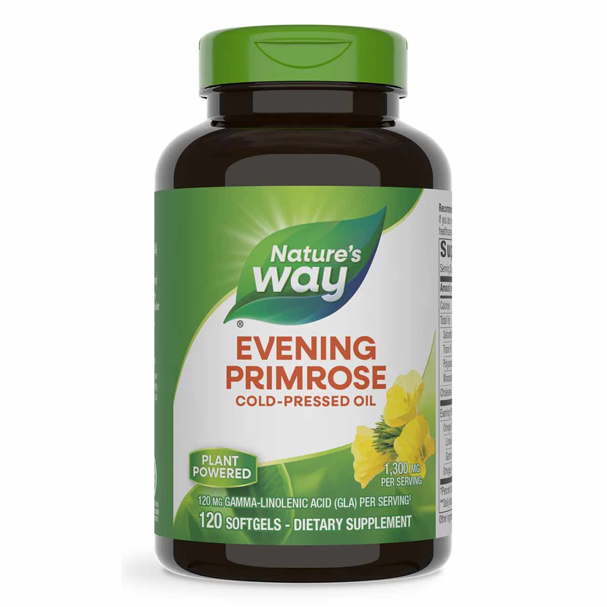 Nature's Way Evening Primrose cold-pressed oil supplement bottle with green label, 120 softgels, 1,300 mg per serving.