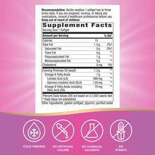 Supplement Facts label for Evening Primrose Oil 1300 mg softgels with nutritional information and product attributes on pink 