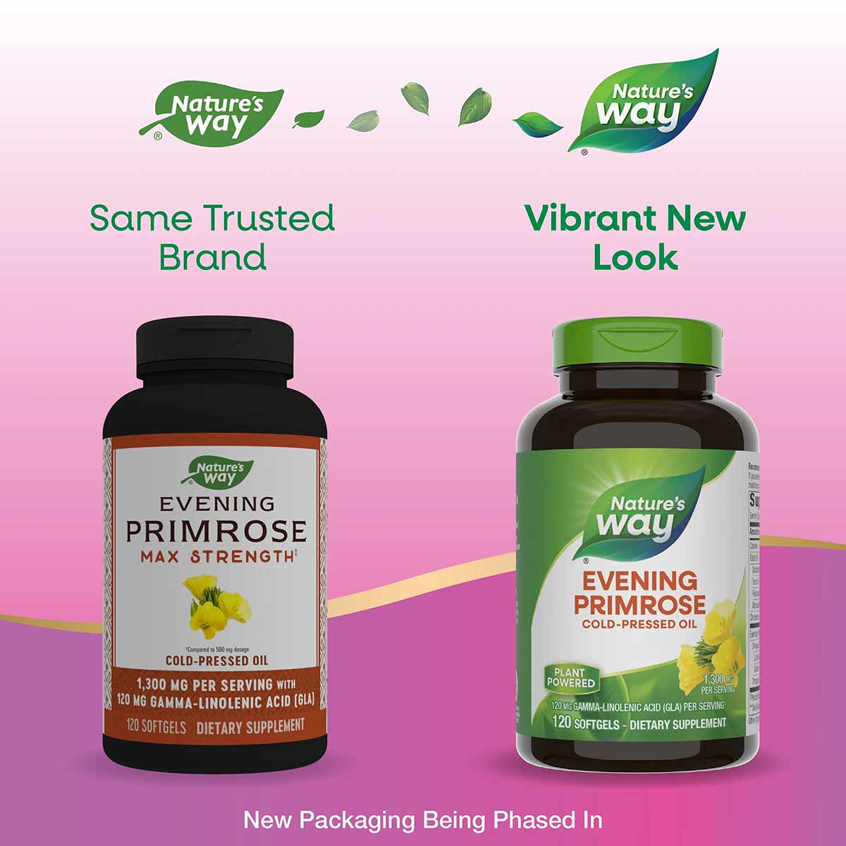 Two bottles of Nature's Way Evening Primrose Max Strength supplement showing old black label and new green label designs.