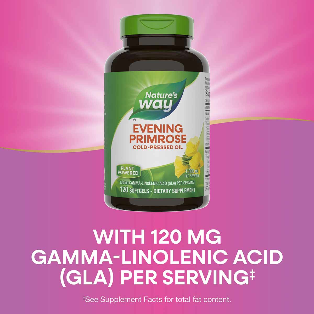 Nature's Way Evening Primrose Cold-Pressed Oil supplement bottle with green cap and label on pink background.