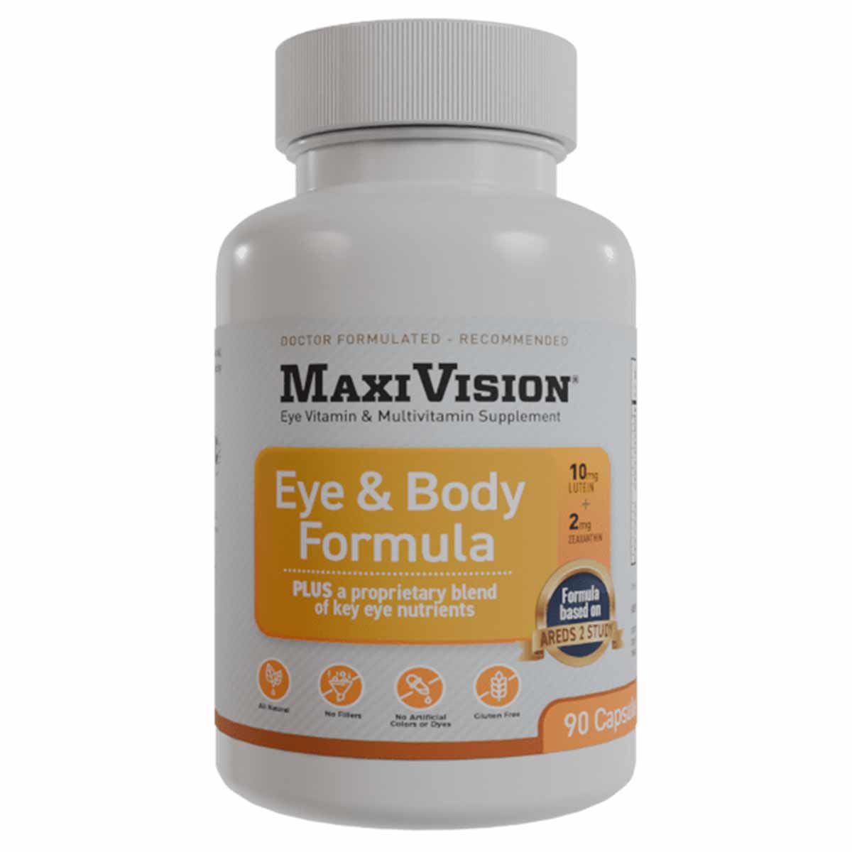 MaxiVision Eye & Body Formula supplement bottle with gray cap and orange label indicating 90 capsules.