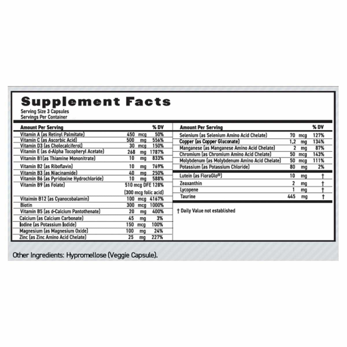 Supplement Facts label listing vitamins, minerals, and nutrients including vitamin A, B-complex, selenium, lutein, and taurin