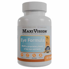 MaxiVision Eye Formula white bottle with gray cap containing 60 capsules, labeled as eye vitamin and multivitamin supplement.