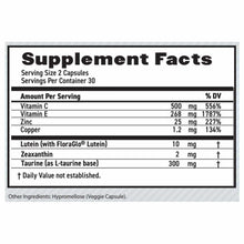 Supplement Facts label for MaxiVision Eye Formula showing ingredients including Vitamin C, E, Zinc, Lutein, Zeaxanthin, and T