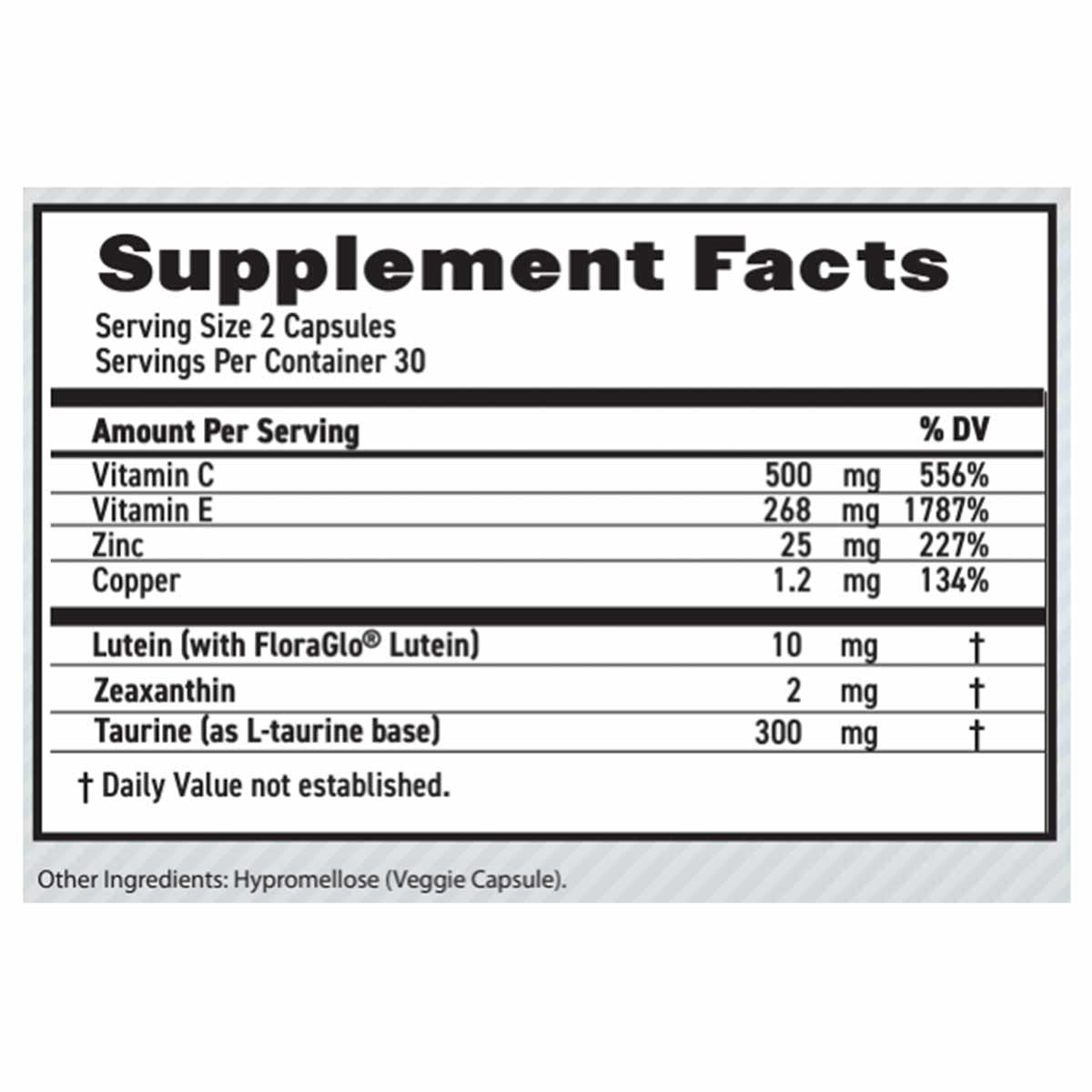 Supplement Facts label for MaxiVision Eye Formula showing ingredients including Vitamin C, E, Zinc, Lutein, Zeaxanthin, and T