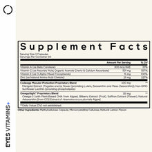 Supplement Facts label for Eyes Vitamins+ showing ingredients including vitamins A, C, E, zinc, and proprietary blends with o