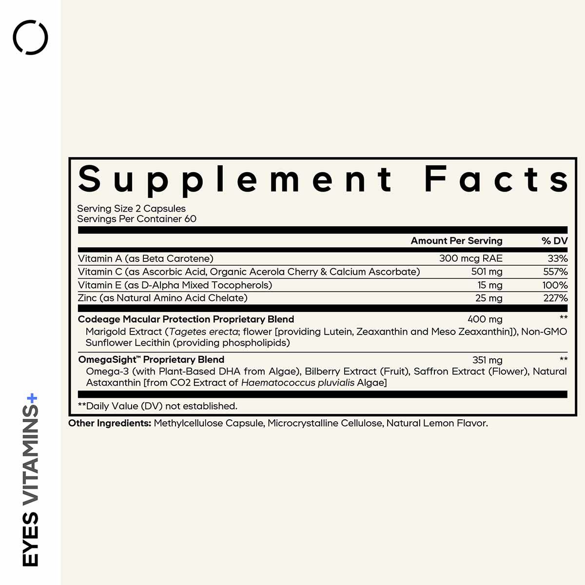Supplement Facts label for Eyes Vitamins+ showing ingredients including vitamins A, C, E, zinc, and proprietary blends with o