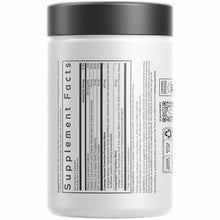 White plastic supplement jar with black lid and "Supplement Facts" label on back.