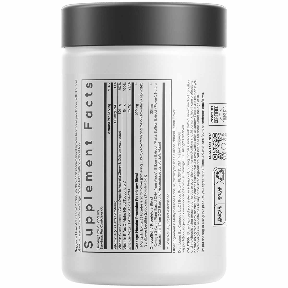 White plastic supplement jar with black lid and "Supplement Facts" label on back.
