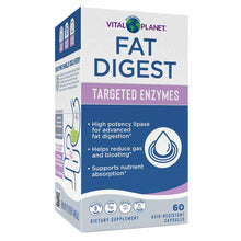 White and purple Vital Planet Fat Digest Targeted Enzymes supplement box containing 60 acid-resistant capsules.