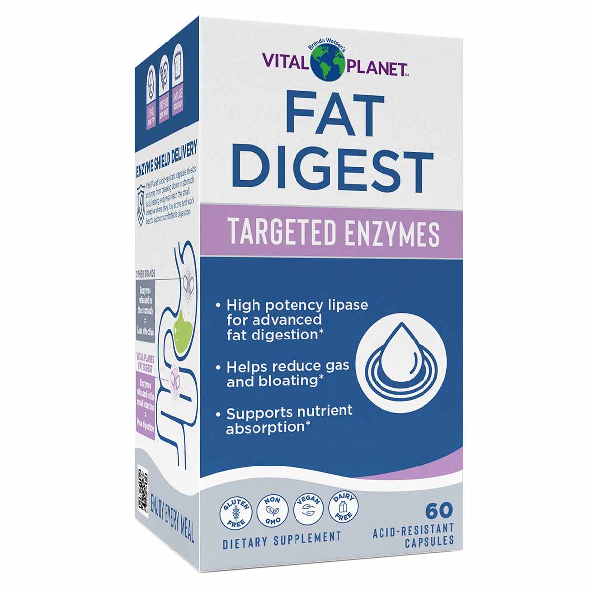 White and purple Vital Planet Fat Digest Targeted Enzymes supplement box containing 60 acid-resistant capsules.