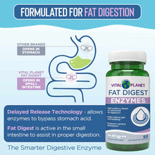 Vital Planet Fat Digest Enzymes green bottle with white cap, 60 capsules, showing digestive system diagram and product benefi
