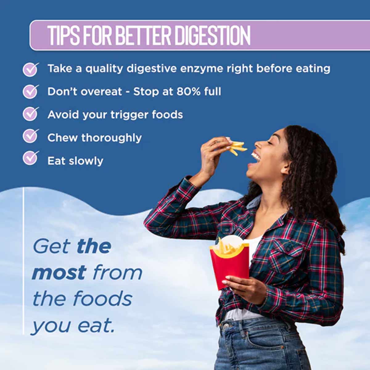 Woman in plaid shirt eating french fries with digestion tips listed on blue background.