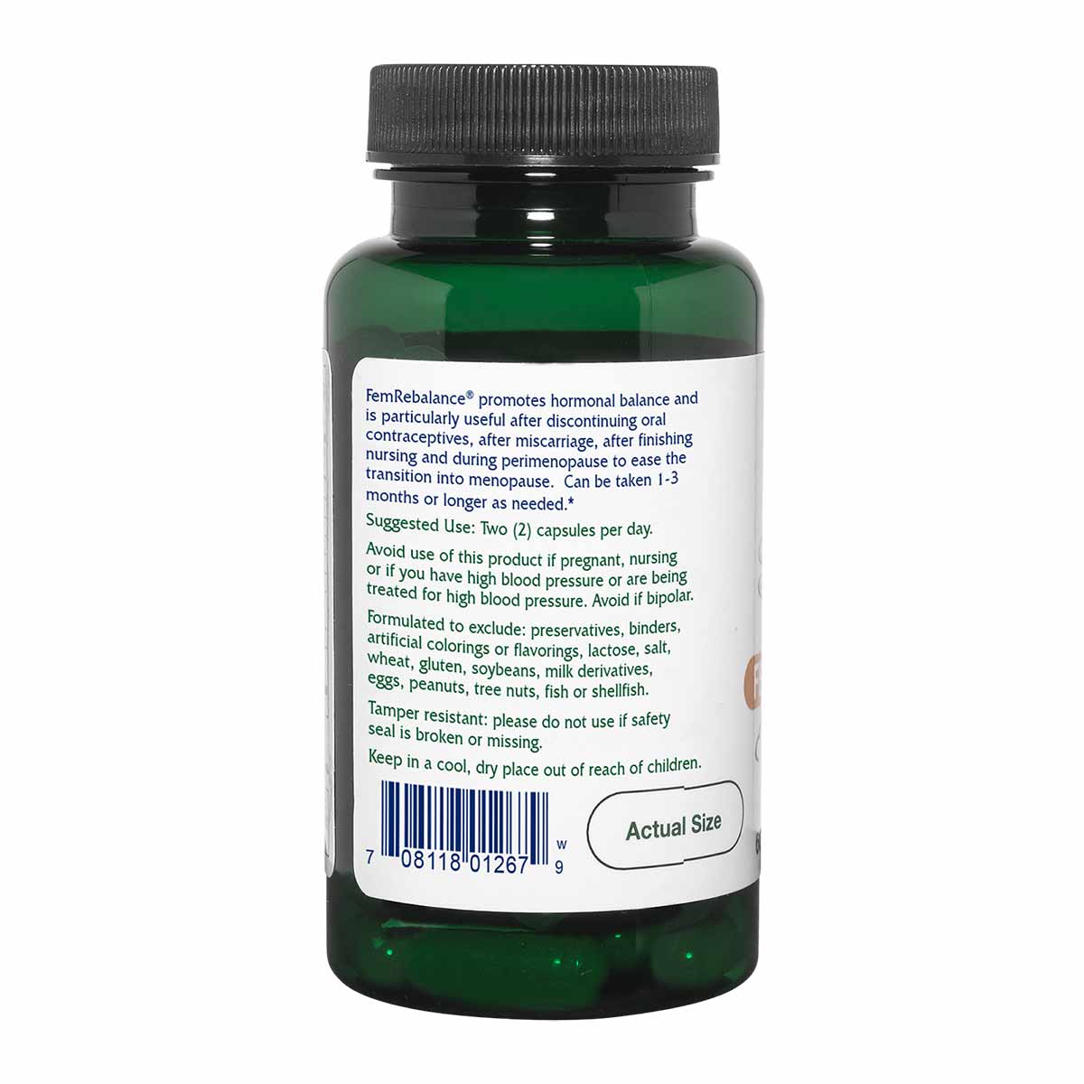 Dark green bottle with black screw cap containing green vegetable capsules and white product label with usage instructions.