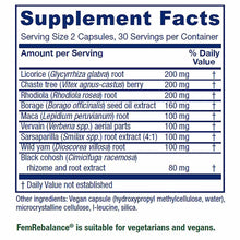 Supplement Facts label for Fem Rebalance showing ingredients including licorice, chaste tree, rhodiola, borage, maca, vervain