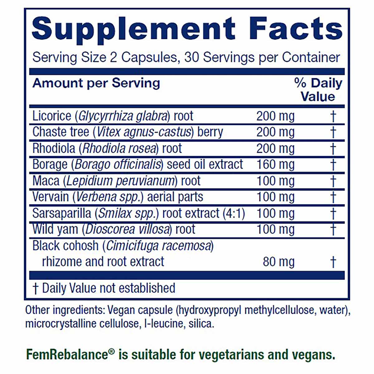 Supplement Facts label for Fem Rebalance showing ingredients including licorice, chaste tree, rhodiola, borage, maca, vervain