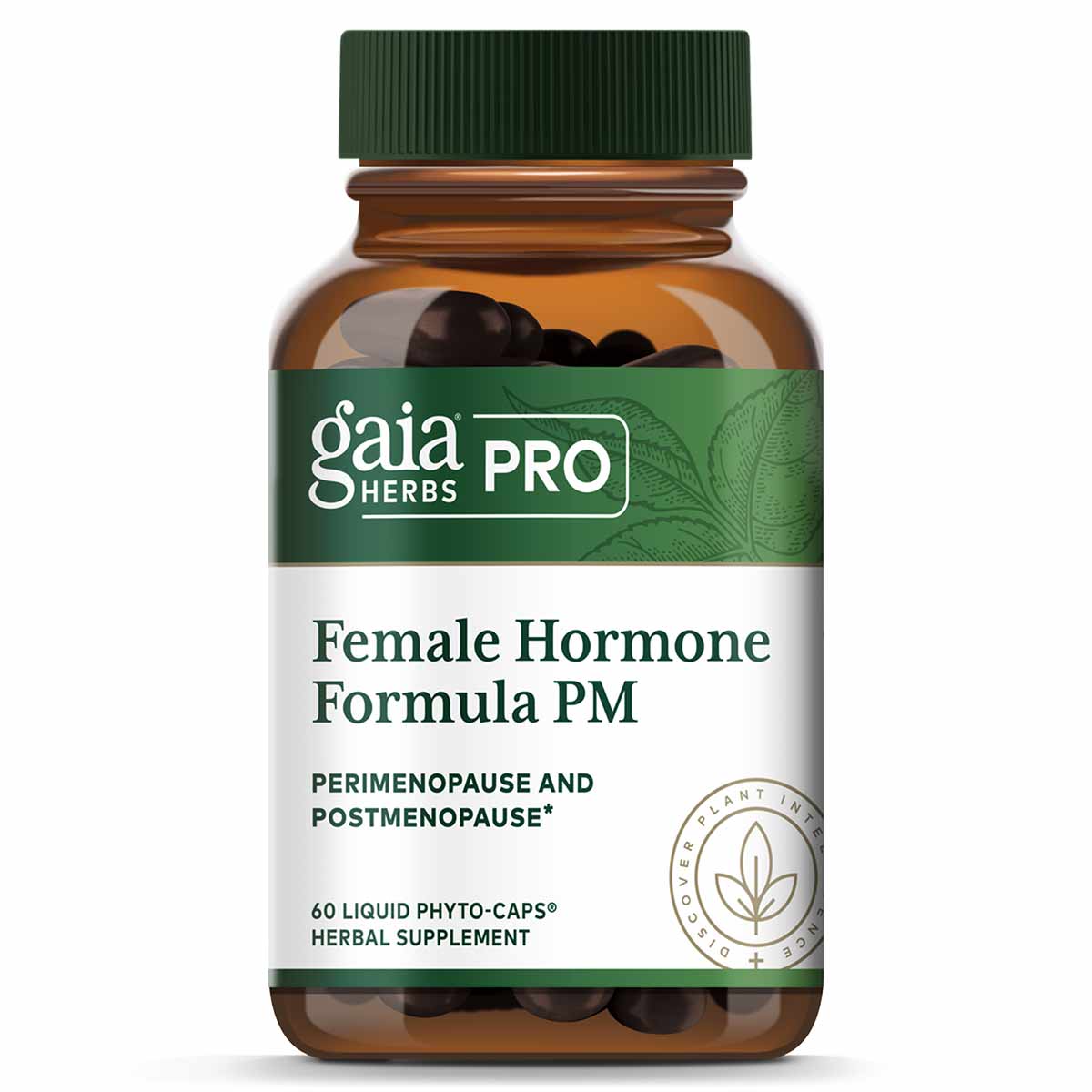 Gaia Herbs Pro Female Hormone Formula PM bottle with green cap containing 60 dark liquid phyto-caps.