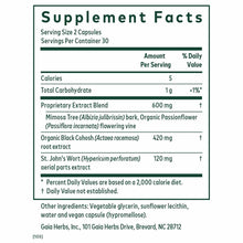 Supplement Facts label for Gaia Herbs Female Hormone Formula PM showing serving size, nutritional information, and herbal ing