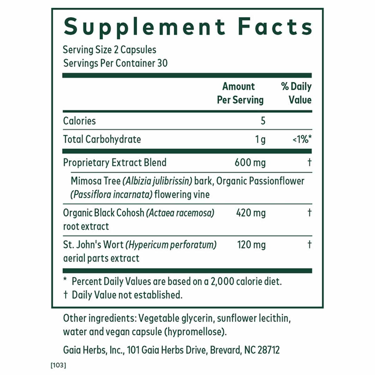 Supplement Facts label for Gaia Herbs Female Hormone Formula PM showing serving size, nutritional information, and herbal ing