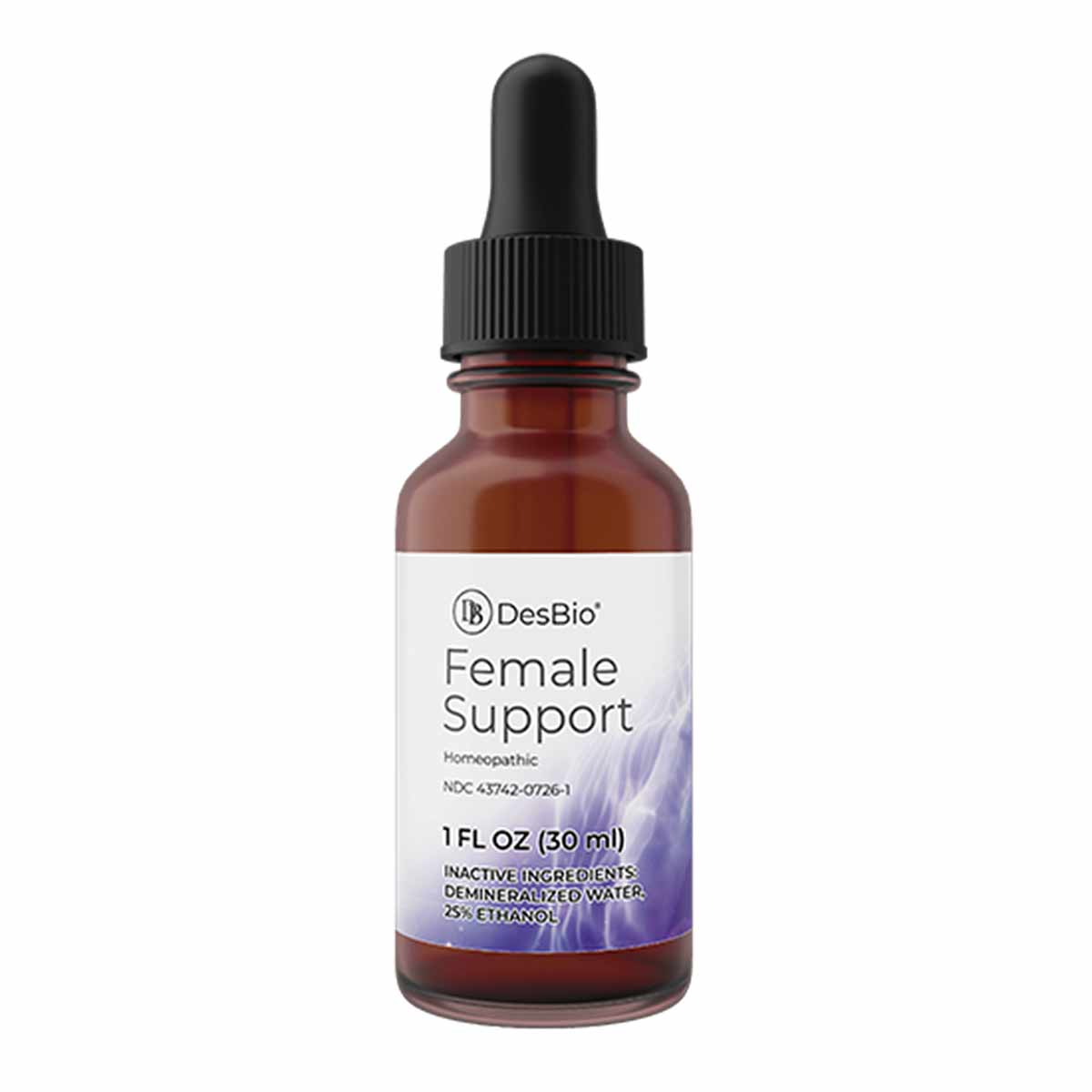 DesBio Female Support homeopathic liquid supplement in 1 fl oz amber bottle with black dropper top.