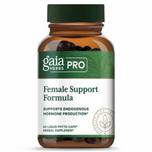Gaia Herbs Pro Female Support Formula bottle containing 60 dark liquid phyto-caps with green cap and white label.
