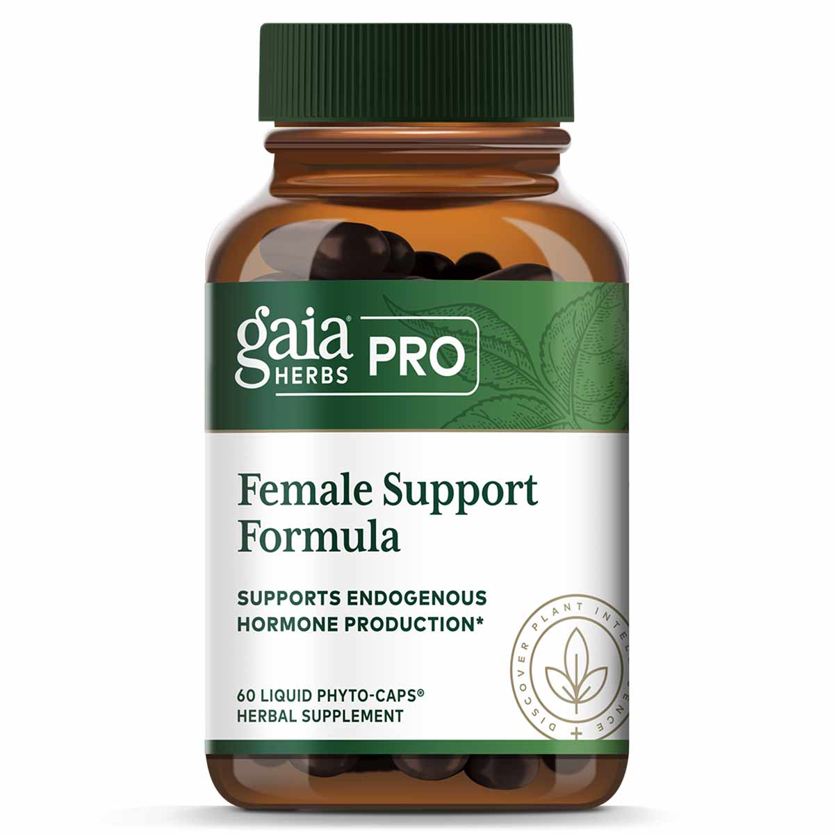 Gaia Herbs Pro Female Support Formula bottle containing 60 dark liquid phyto-caps with green cap and white label.