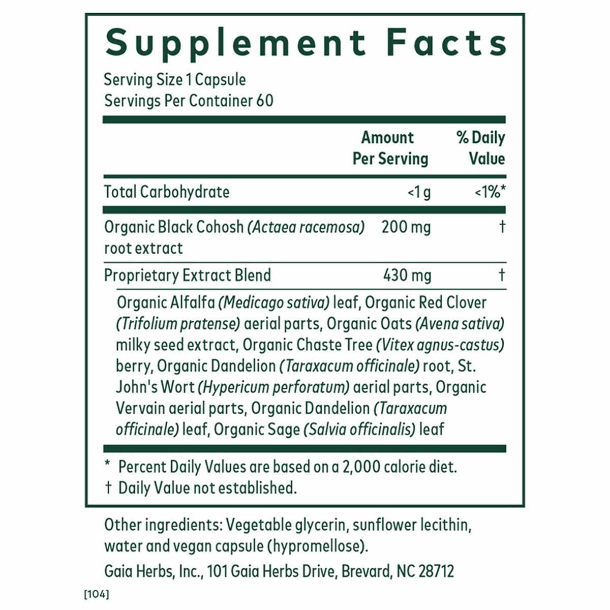Supplement Facts label for Gaia Herbs Female Support Formula showing serving size, ingredients including black cohosh and her