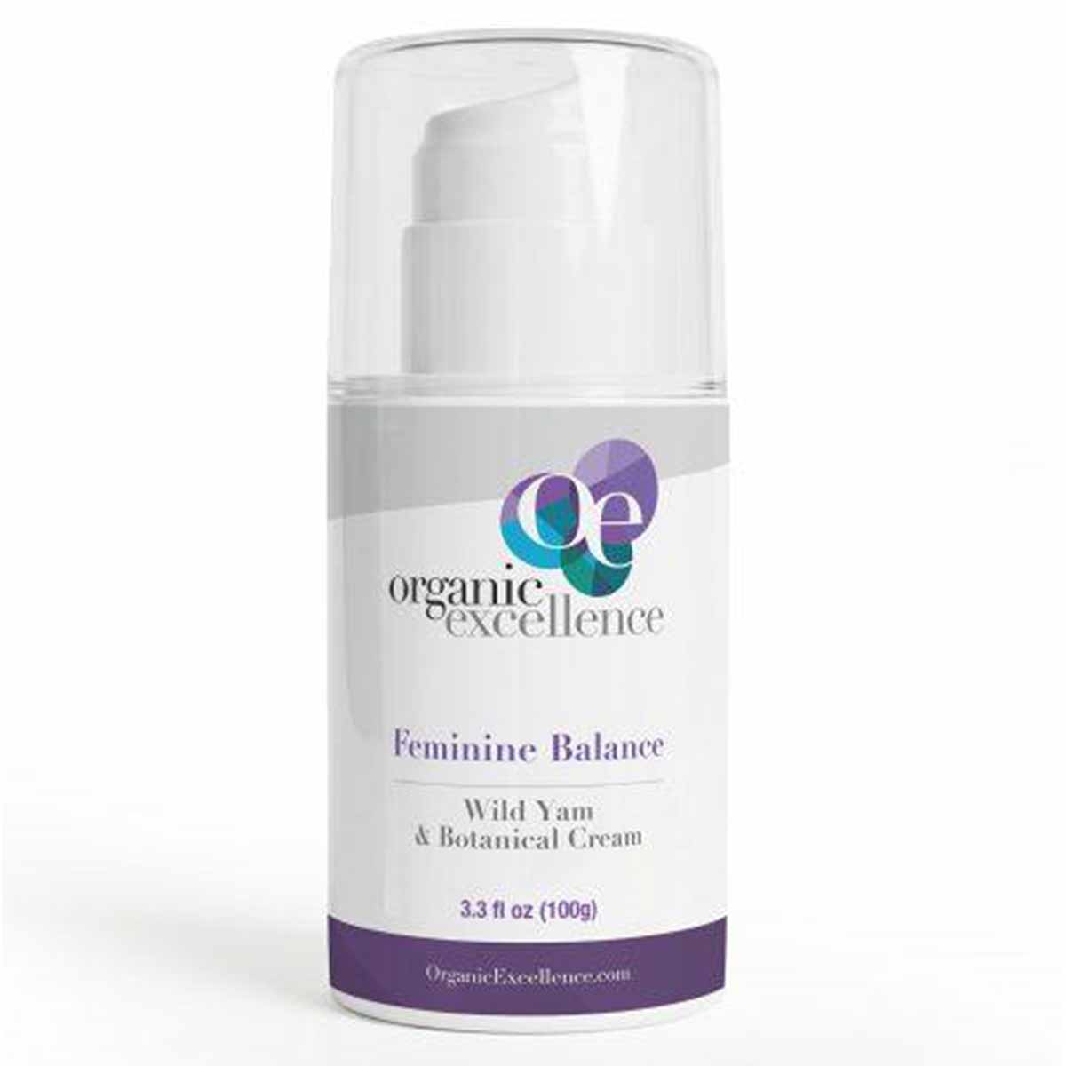 White pump bottle labeled "Feminine Balance Wild Yam & Botanical Cream" by Organic Excellence, 3.3 fl oz.