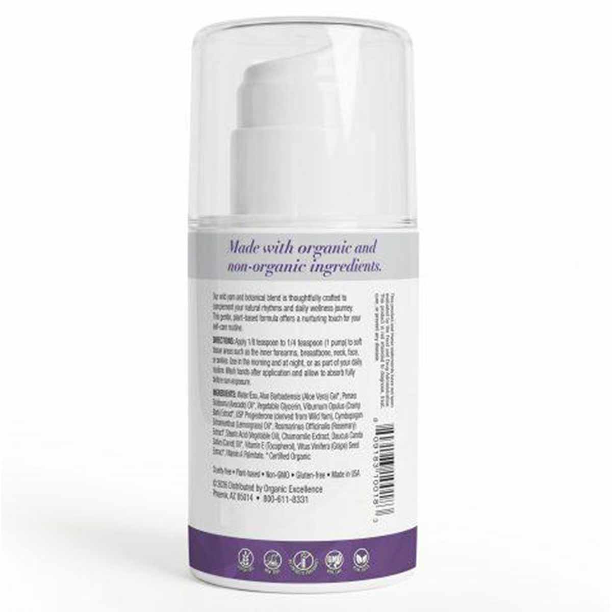 White cylindrical pump bottle with purple band and ingredient label, 3.3 oz Feminine Balance by Organic Excellence.
