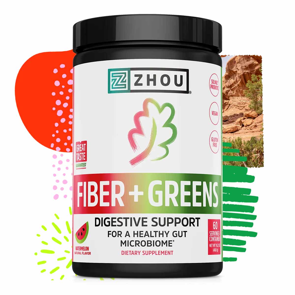 Zhou Nutrition Fiber and Greens dietary supplement powder in black container with white label and watermelon flavor.