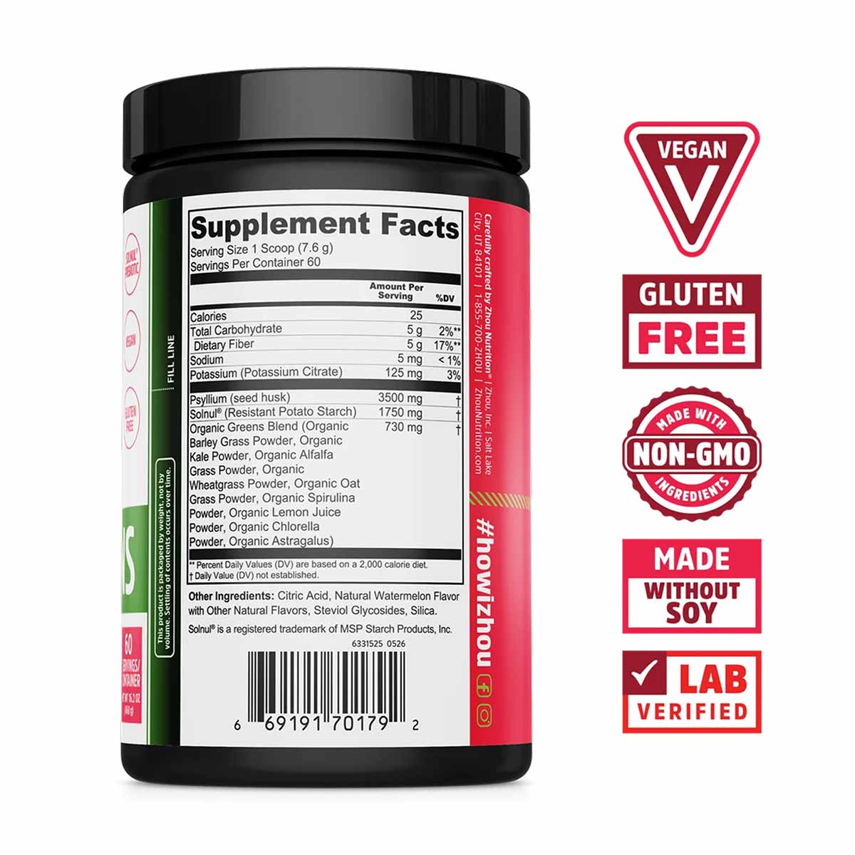 Black container with supplement facts label showing fiber and greens powder ingredients, with vegan, gluten-free, non-GMO, so