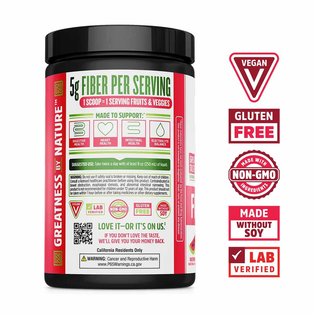 Zhou Nutrition Fiber & Greens powder in black container with red and white label displaying 5g fiber per serving and vegan ce