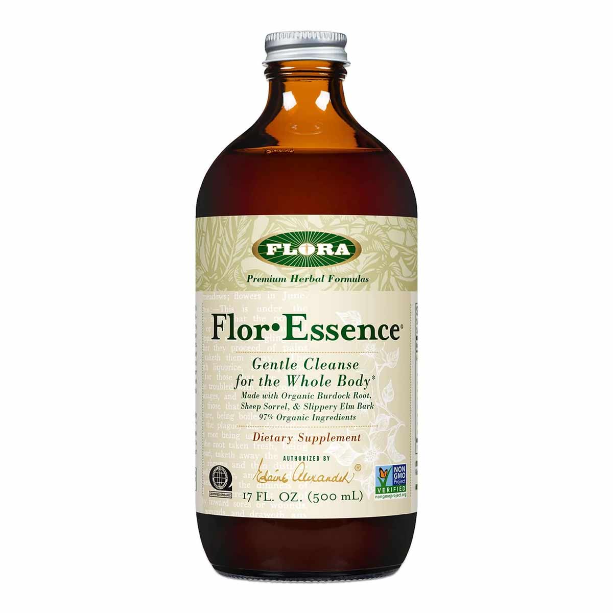 Brown glass bottle of Flor Essence Gentle Cleanse herbal supplement by Flora, 17 fl. oz.