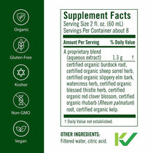 Supplement Facts label for herbal cleanse product with organic, gluten-free, kosher, non-GMO, vegan certification badges on g