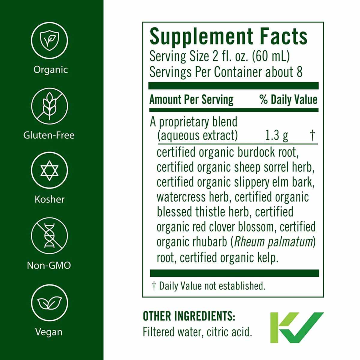 Supplement Facts label for herbal cleanse product with organic, gluten-free, kosher, non-GMO, vegan certification badges on g