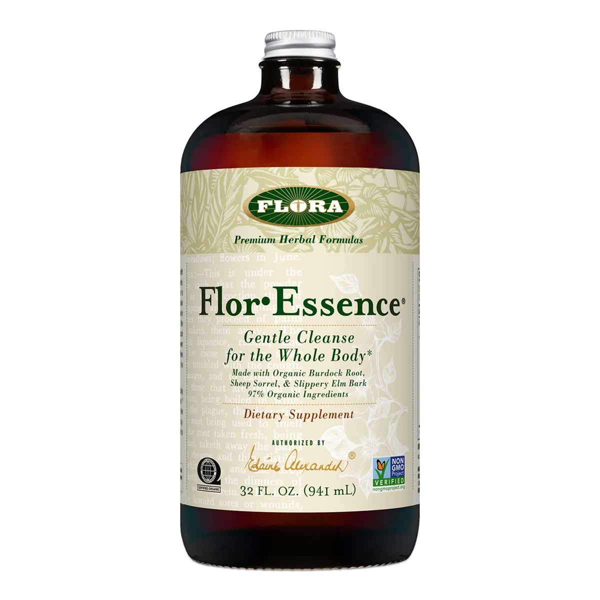 Dark amber glass bottle with silver screw cap containing Flor Essence Gentle Cleanse herbal dietary supplement, 32 fl oz.