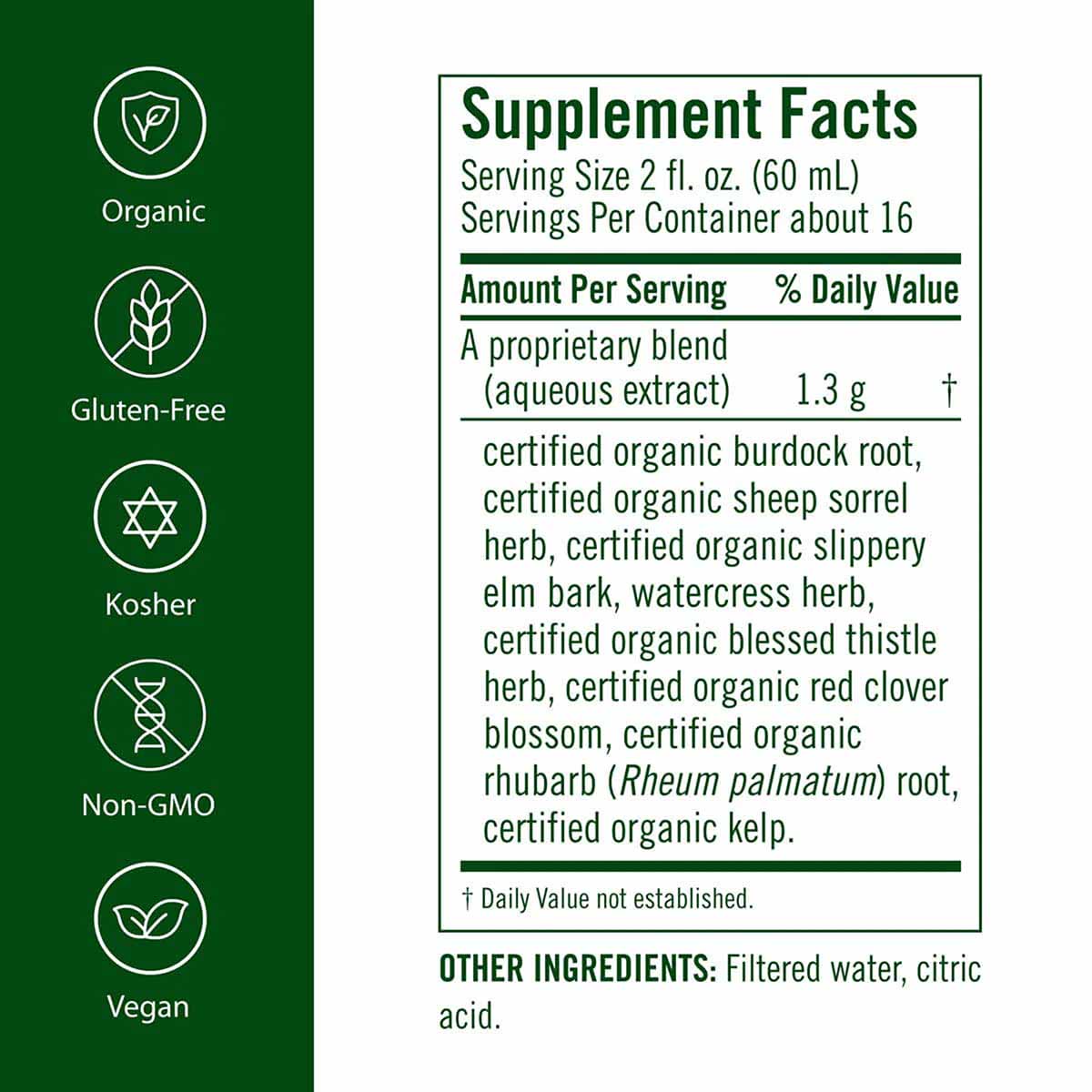 Supplement Facts label for Flora Flor Essence herbal cleanse with organic, gluten-free, kosher, non-GMO, vegan certifications