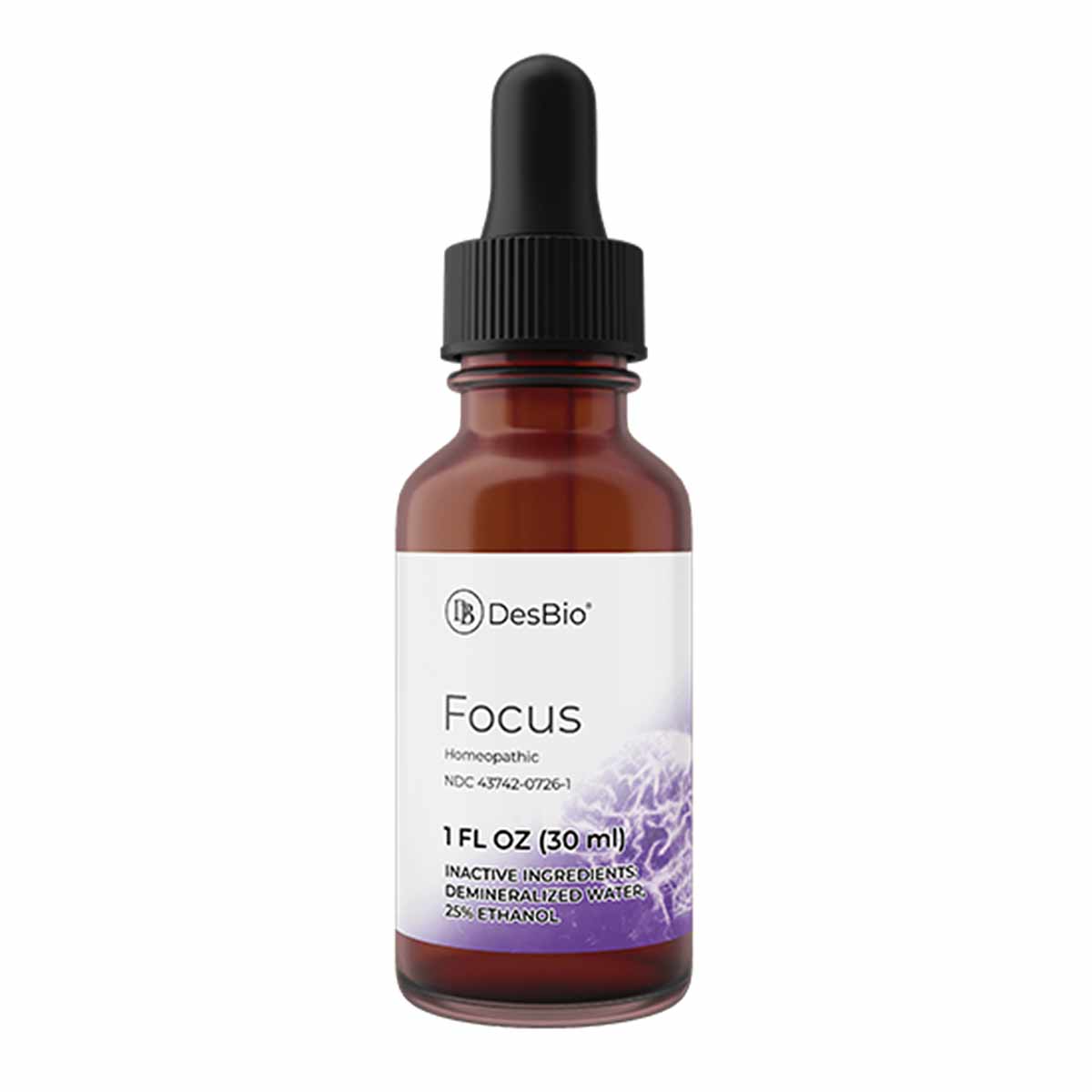 DesBio Focus homeopathic liquid supplement in a 1 fluid ounce amber dropper bottle with black cap.