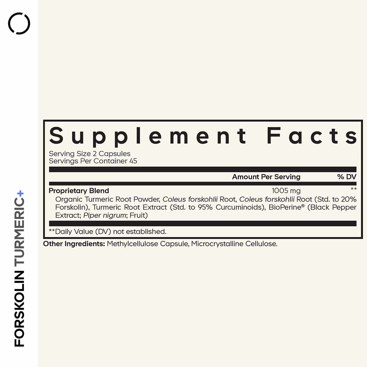 Supplement Facts label for Codeage Forskolin Turmeric showing proprietary blend of 1005 mg per serving with turmeric root ext