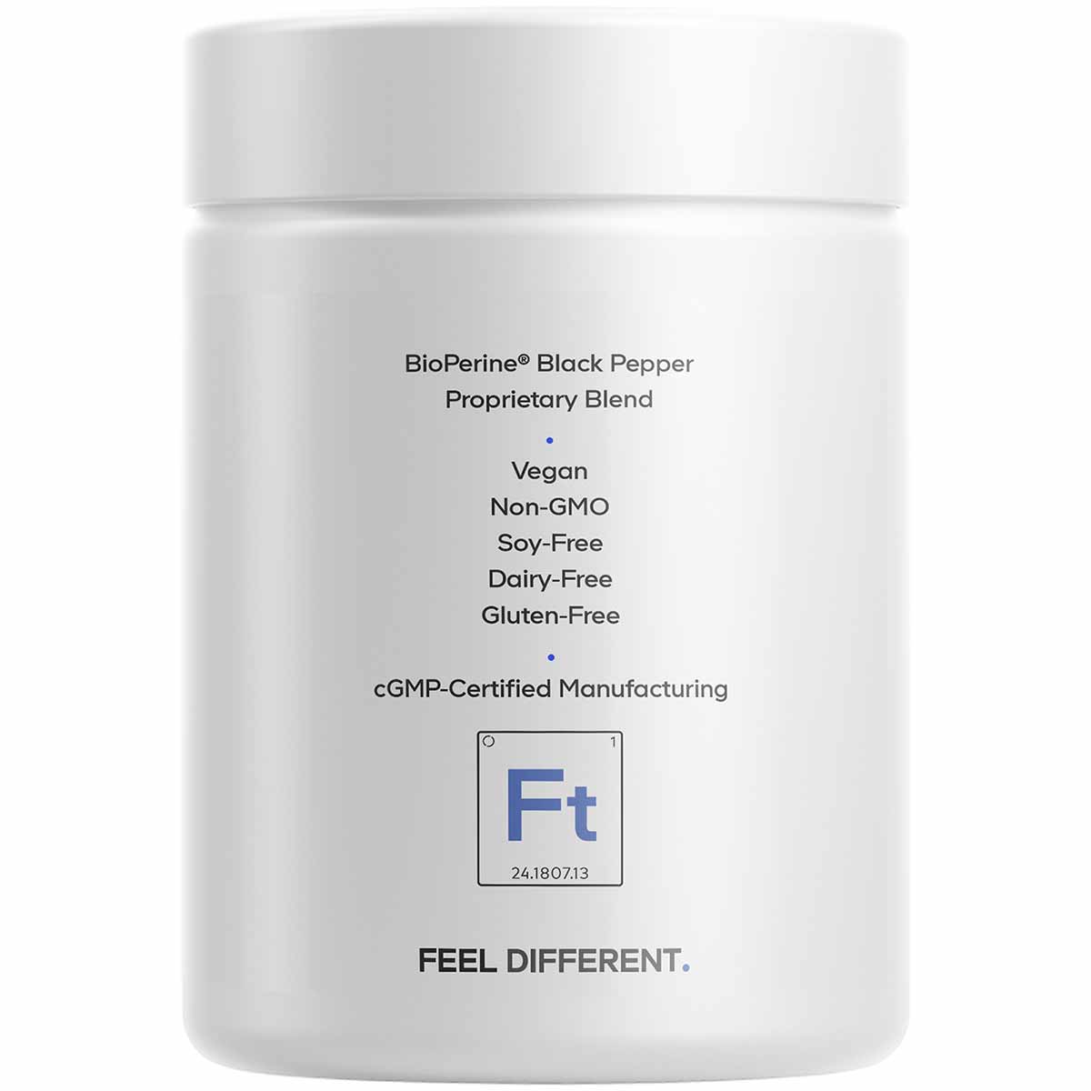 White supplement container with text listing BioPerine Black Pepper, vegan, non-GMO, soy-free, dairy-free, gluten-free, and c