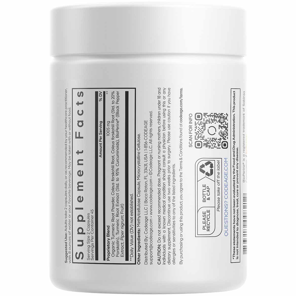 White supplement bottle with "Supplement Facts" label containing Forskolin Turmeric formula by Codeage.
