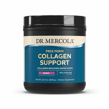 Black container of Dr. Mercola Free Form Collagen Support powder in berry flavor, 22.4 oz.